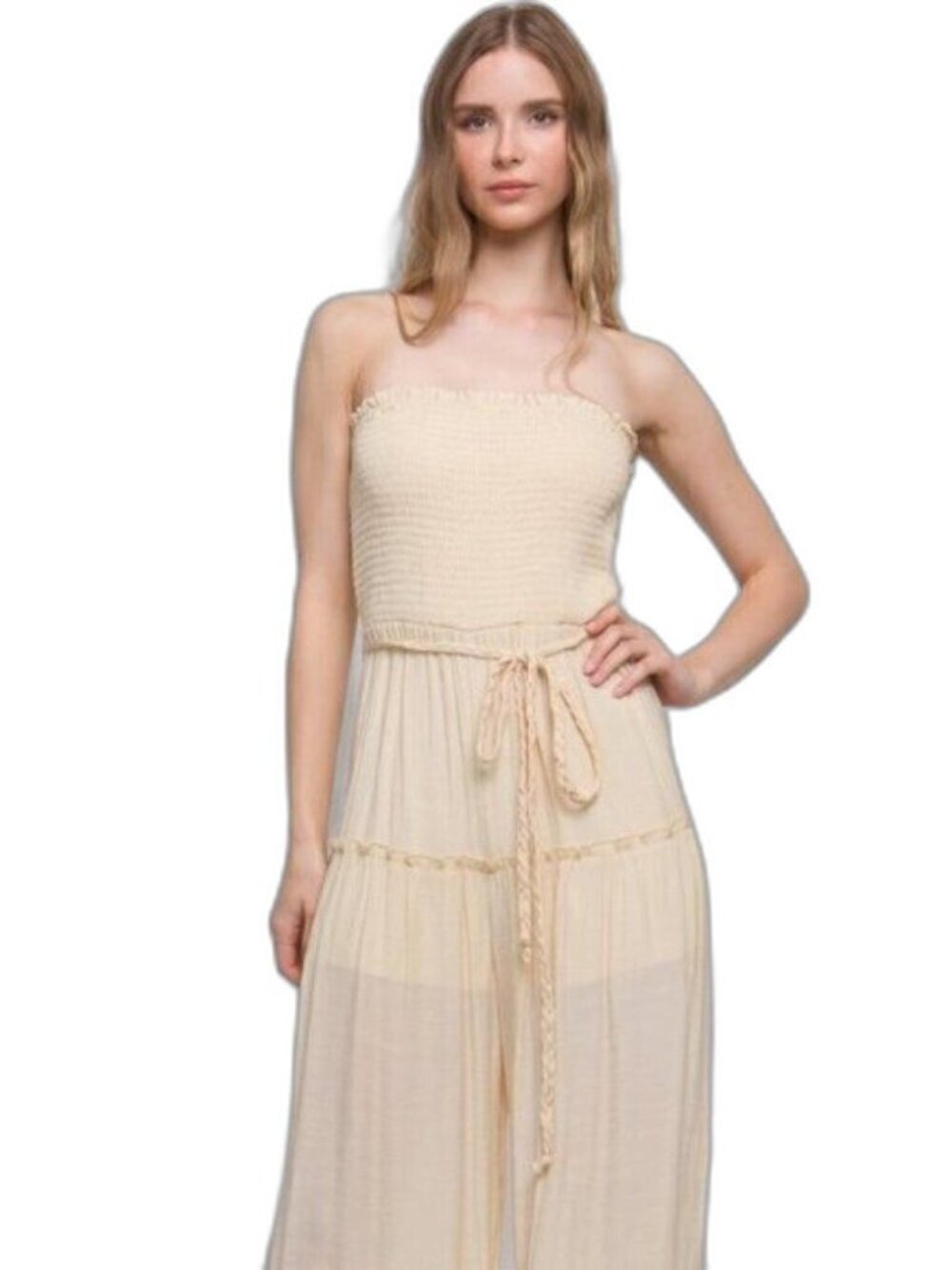 Strapless Cream Smocked Jumpsuit with Braided Waist Tie